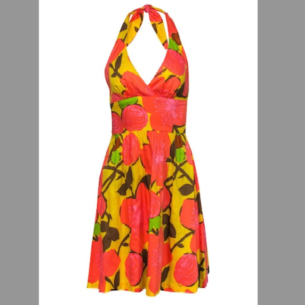 Trina Turk - Orange & Yellow Floral Fit & Flare Halter Dress